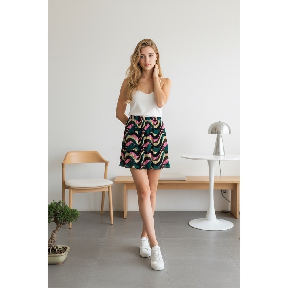 Reserved Pink Teal Abstract Wavy Print Pleated Mini Skirt Retro Size UK 8 EUR 36